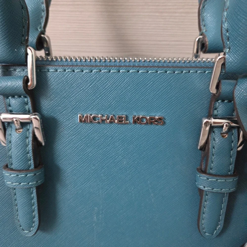 Michael Kors Ciara Medium Satchel Women Teal Blue Saffiano Leather Crossbody Bag